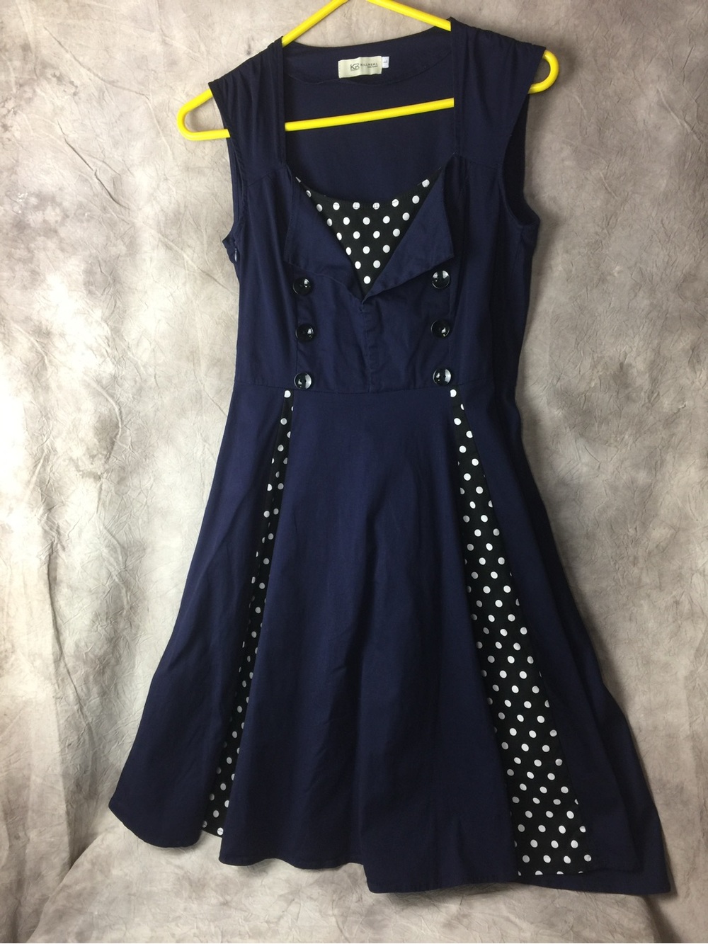Sleeveless Navy Polka-Panel Fit & Flare Midi Dress Killreal Large Rockabilly Dre